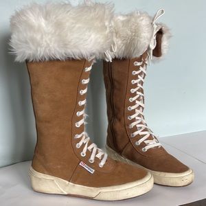 Supera fur suede boots brown warm lace zipper woman’s sz 5.5 /36
